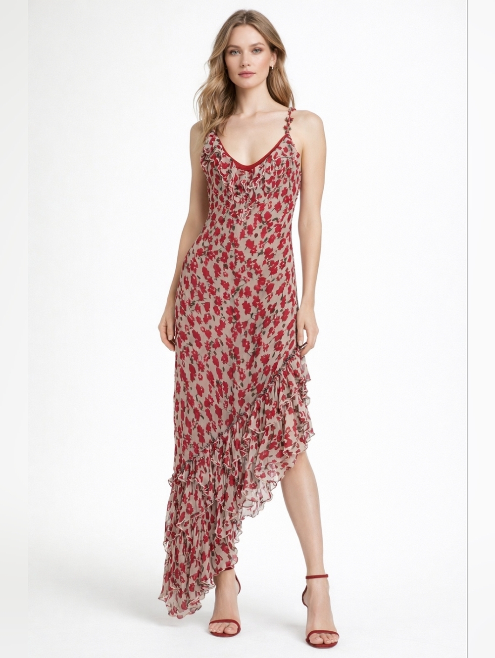 Sue Wong Red Rose Pattern Asymmetrical Silk Dress